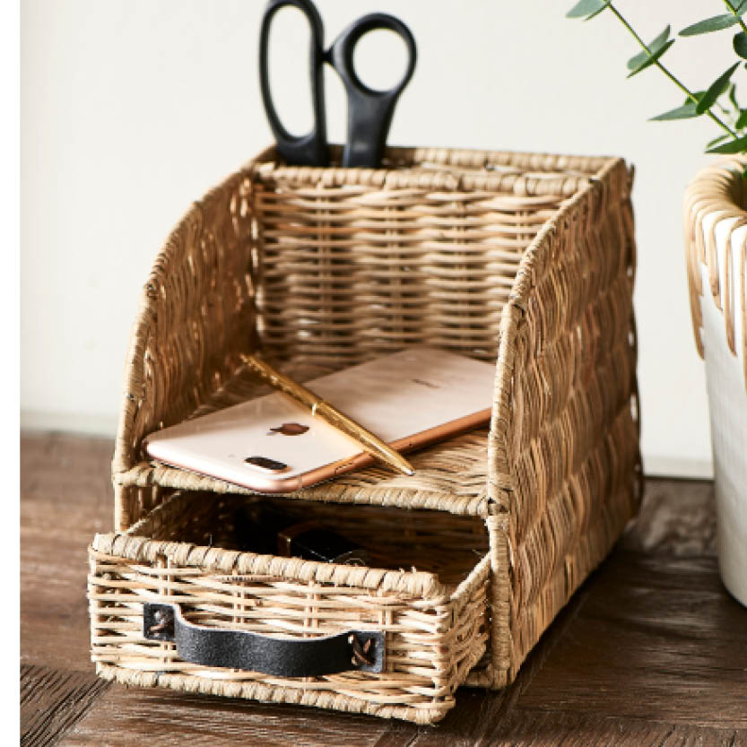 Rustic Rattan Desk Organiser