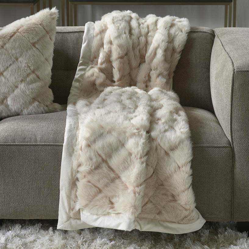 Diamond Stitch Faux Fur Throw Beige 170x130