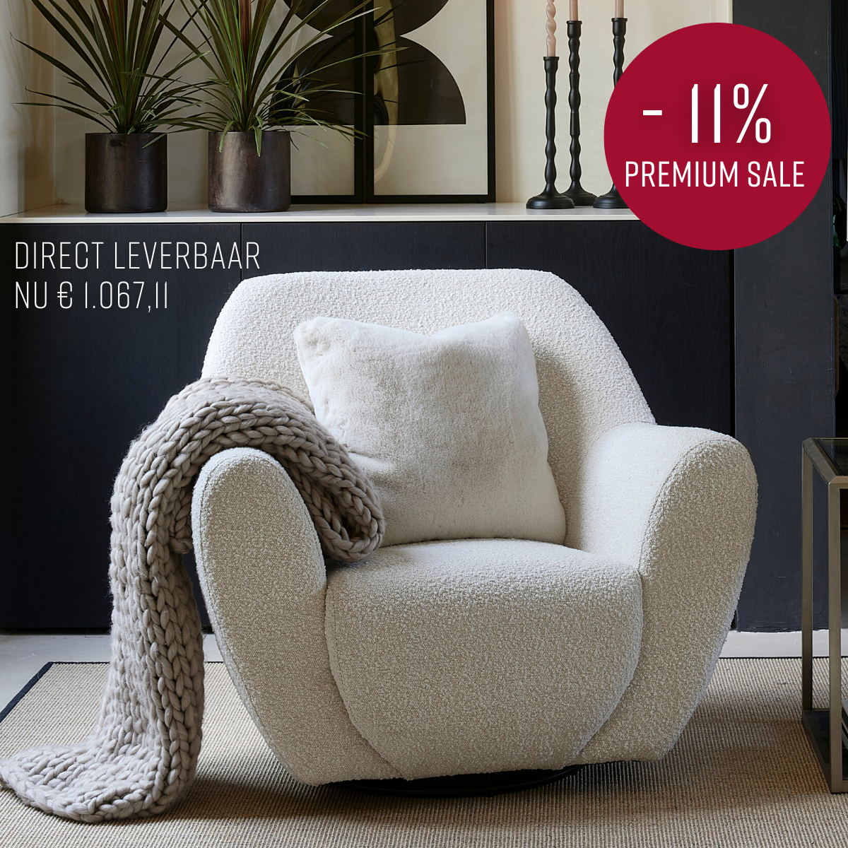 The Jill Swivel Chair, bouclé, white sand